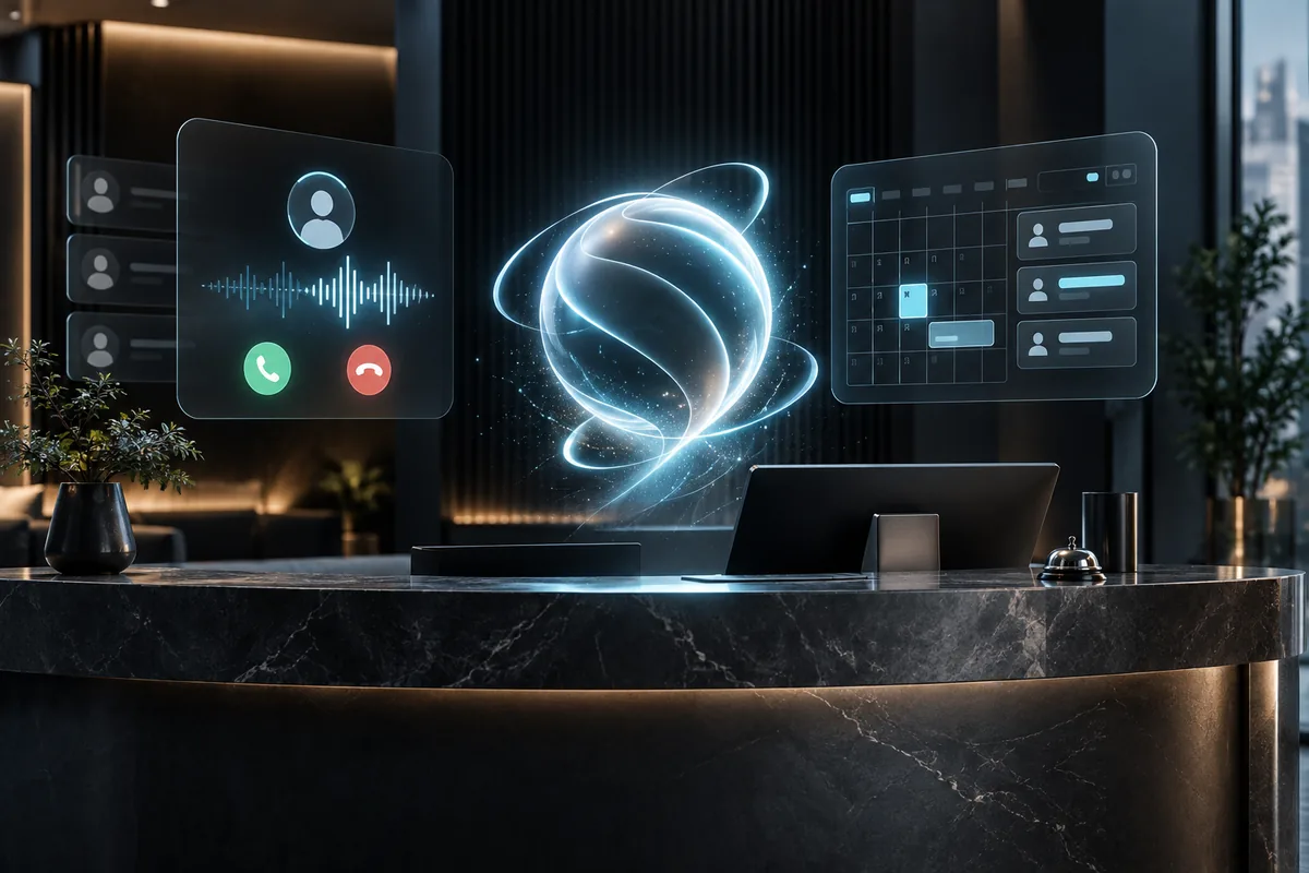 AI call handling and appointment booking system in a modern reception workspace