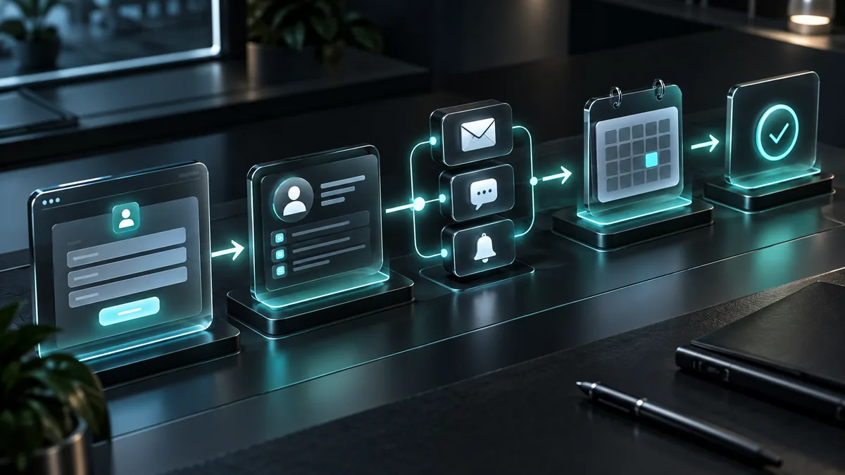 Connected business workflow moving a new lead through CRM and appointment booking
